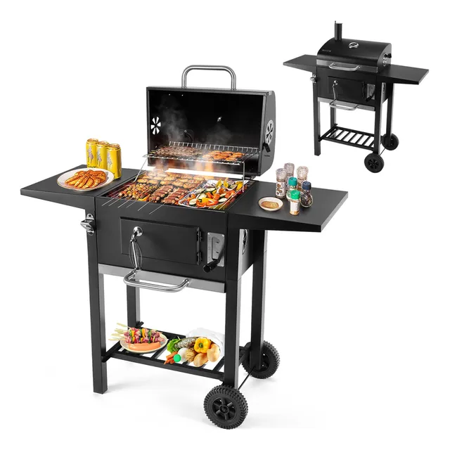 Novangua asador de carbón K10157 con mesas laterales, termómetro y chimenea color negro