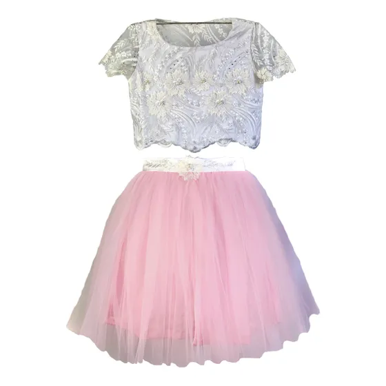 Vestido Corto Niña Fiesta Encaje Tul Blanco/rosa T.10
