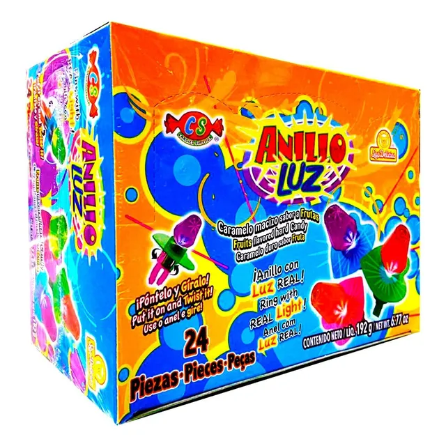 Anillo Caramelo Macizo con Luz 24 Piezas con Sabores Frutales Las Delicias
