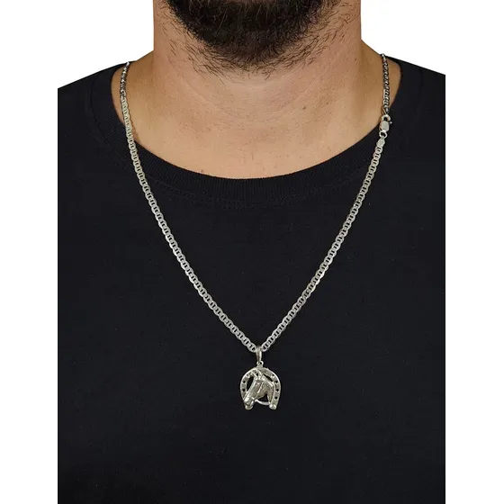 Corrente Prata 925 Maciça Piastrine 4mm + Pingente Ferradura