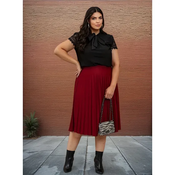 Saia Feminina Midi Plissada Plus Size Tendência Cores Lisas 