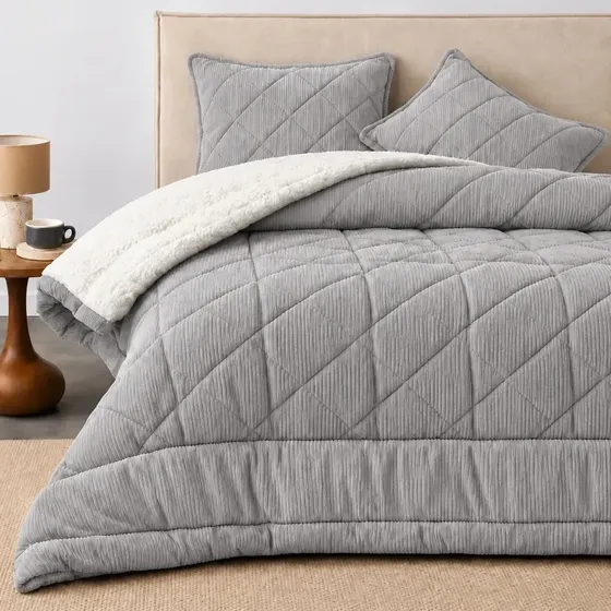 Plumon 1.5 Plazas Gris Sherpa VL Cotele Corduroy Invierno Chiporro Peludo 1 Funda Almohada Calentito Textil Duvet
