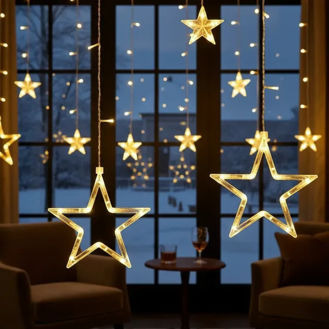 Cascata Led Com Estrelas Decoração 8 Funções Pisca Natal