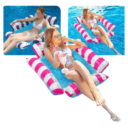 Boia Rede Piscina Cama Flutuante Deitado Reclinável Inflável Rosa