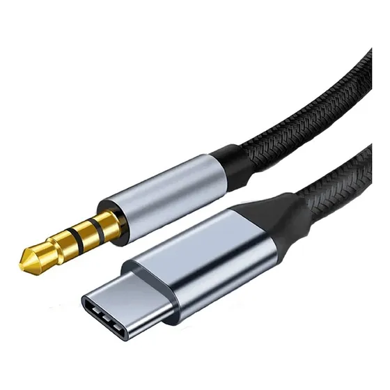 Cable Auxiliar Celular Tipo C P2 De 3.5 Mm Para Xiaomi Samsung Hrebos Hs-389 Color Negro/plateado
