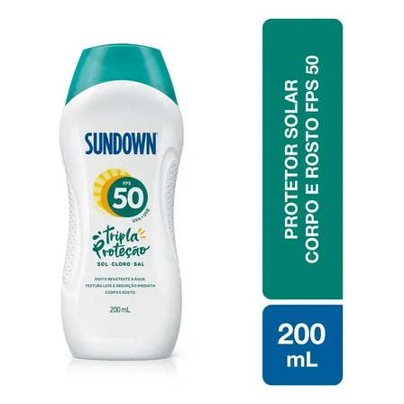 Protetor Solar Corpo e Rosto SUNDOWN Praia e Piscina FPS 50, 200mL