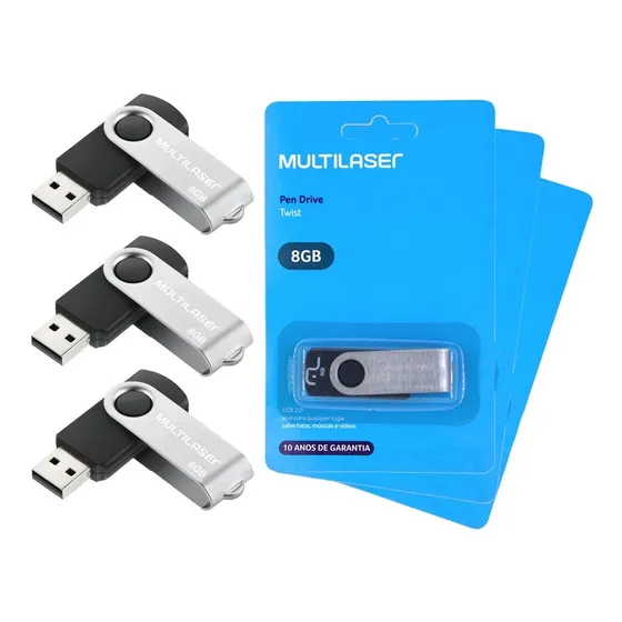 Kit 3 Pendrive Multilaser Twist 8gb 2.0 Preto -pd587 Atacado