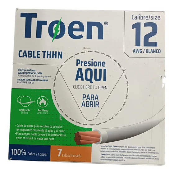 Cable #12 Thhn 100% Cobre 7 Pelos 10mts