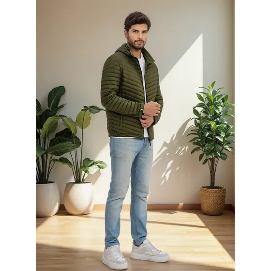 Casaca Impermeable Hombre Capucha Desmontable Verde Militar
