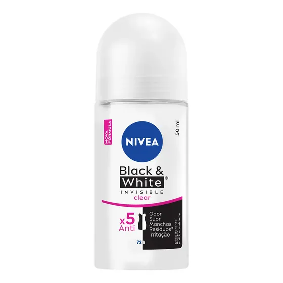 NIVEA Desodorante Antitranspirante Roll-on Black & White INVISIBLE Clear 50ml, Proteção 72h, Contra Suor e Odor, Anti-manchas