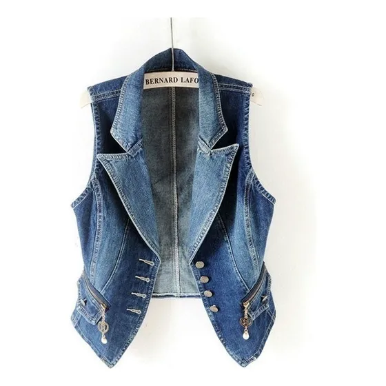 Chalecos De Mezclilla Mujer Retro Moda Slim Solapa Botón