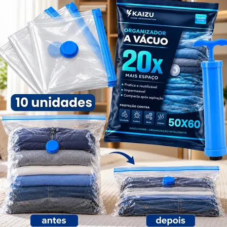 Kit 10x Saco A Vacuo 50x60 cm Kaizu Viagem Roupa Casaco Mala Organizador Diminuir Volume Com Bomba Para Sugar Tira Ar Embalagem