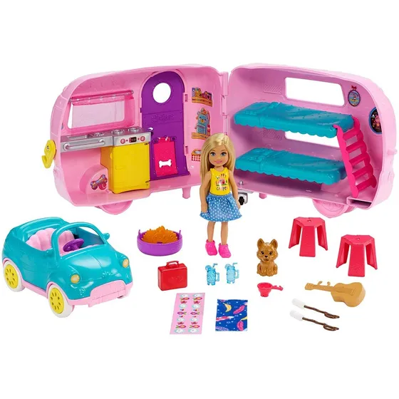 Tráiler de coche y muñeca Barbie Club Chelsea Loira Pets 2019