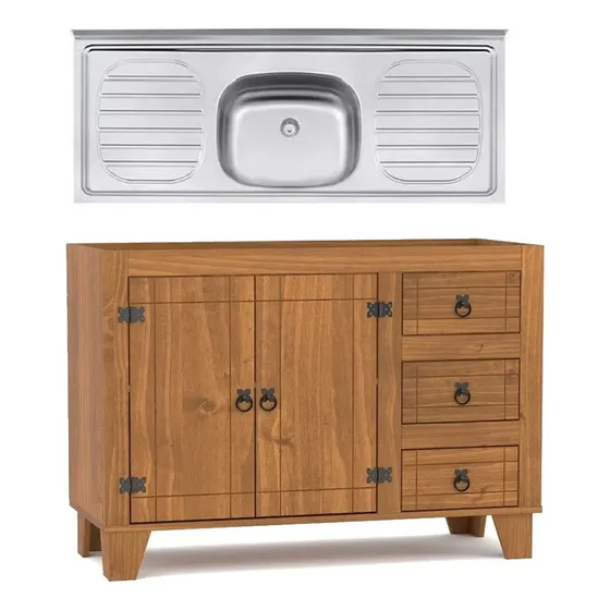 Mueble De Cocina En Madera + Mesada En Acero Bacha Al Medio