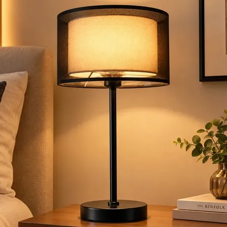 Abajur de Mesa Grande 45cm Preto, Luminária de Mesa para Cabeceira Quarto Sala Escritório, Cúpula Dupla de Tecido, Abajur Decorativo para Leitura, Soquete E27 Bivolt 127– Sem Lâmpada, Tieesa