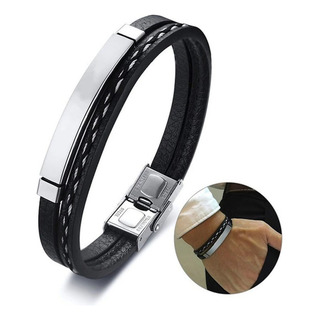 Pulsera Hombre De Cuero Esclava Brazalete Acero Inoxidable Pulsera Hombre De Cuero Esclava Brazalete Acero Inoxidable