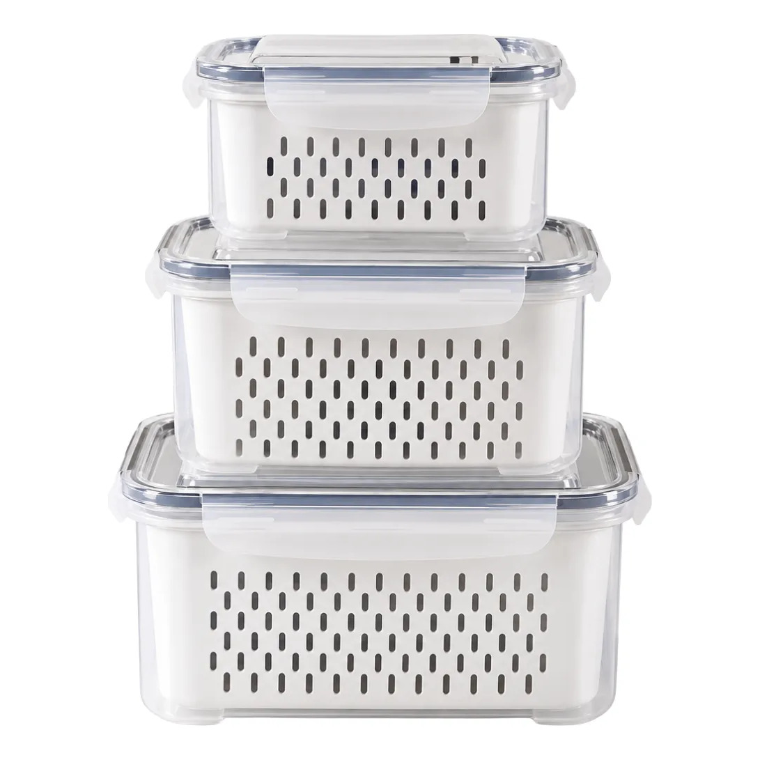 Kit 3 Organizador De Geladeira Alimentos Vegetais Com Tampas Branco Kit 3 Organizador De Geladeira Alimentos Vegetais Com Tampas Branco