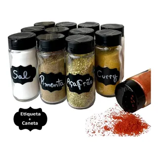 Kit 12 Pote 100ml P/tempero C/tampa Dosadora Dupla+etiqueta Cor Preto Kit 12 Pote 100ml P/tempero C/tampa Dosadora Dupla+etiqueta Cor Preto