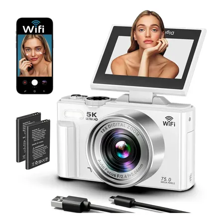 Câmera Digital 5k 75mp Máquina Fotográfica Zoom 18x Wi-fi Tela Ips Flip-up De 3 Câmera Branca Flash, 2 Baterias 32gb Completo Função Webcam Câmera Digital 5k Para Iniciantes,vlog,jovens Viagens Branco