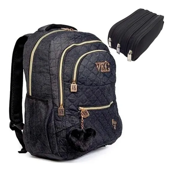 Kit Mochila Jeans Tipo Capricho + Estojo Com 3 Divisórias