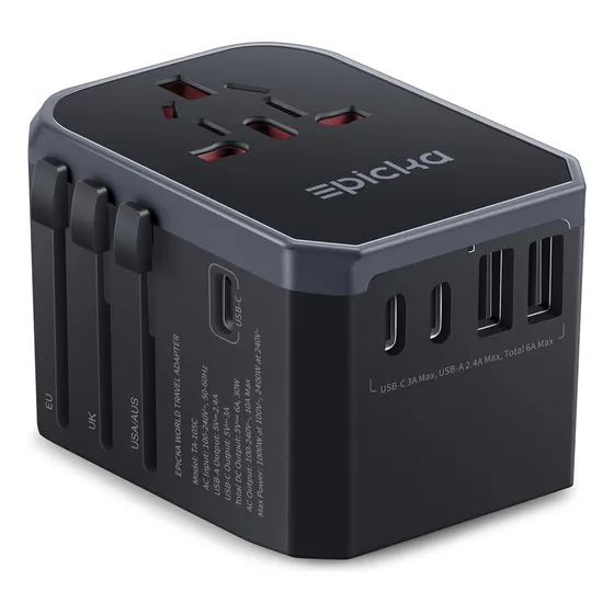 Epicka Adaptador Universal de Viaje Adaptador de Enchufe Internacional con 3 Puertos USB-C y 2 Puertos USB-A Cargador de Pared Todo en Uno Mundial para USA UE UK AUS TA-105C Negro