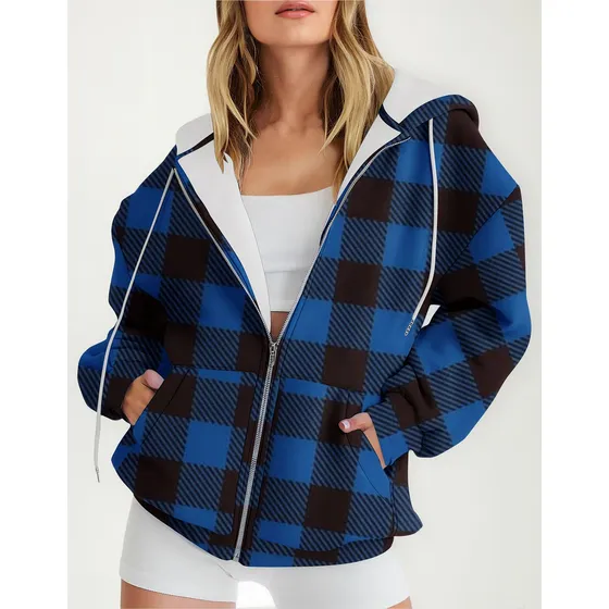Sudadera Con Capucha De Manga Larga A Cuadros O Para Mujer,