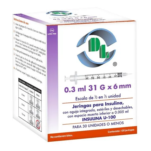 Jeringas Para Insulina Dl 0.3 Ml 31g X 6mm Caja Con 100 Pz