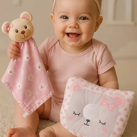 Kit Naninha Com Bichinho Pelúcia E Travesseiro Anatômico Ursinha / Estampado Urs