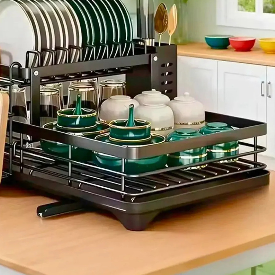 Escorredor de Louça Inox Preto com 2 Andares para Bancada e Porta-Talheres Escorredor de Louça Inox Preto com 2 Andares para Bancada e Porta-Talheres