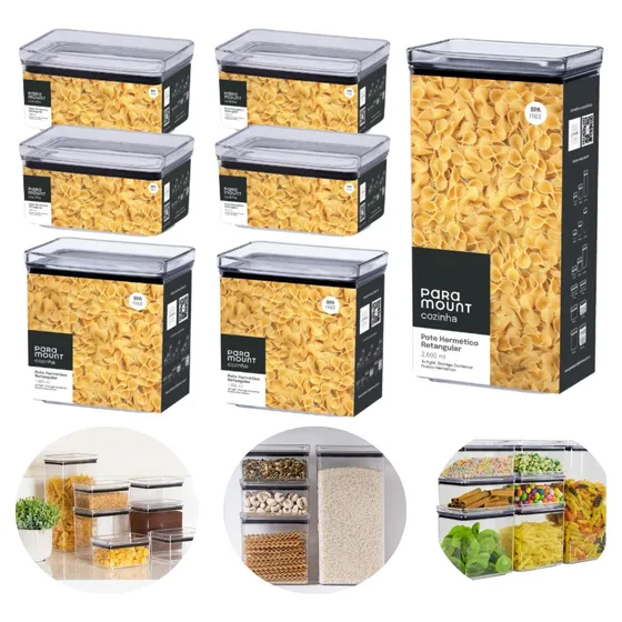 Kit Potes Mantimentos Alimento Hermético Acrílico 7 Peças