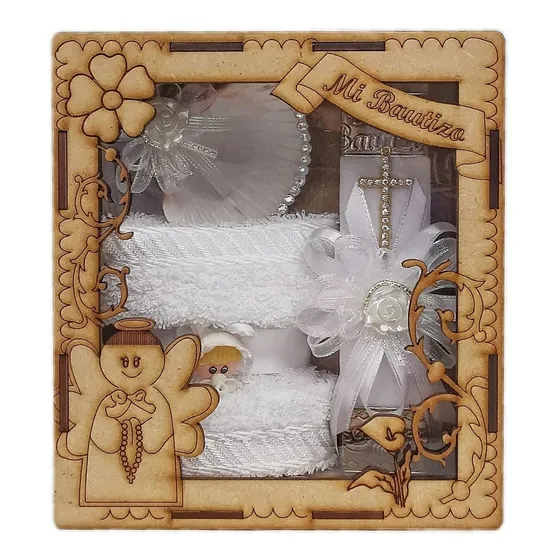 Kit Bautizo Caja Mdf  Concha Vela Toalla Vela Cuadrada.