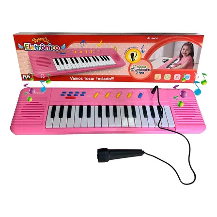Teclado Piano Infantil Microfone Karaokê Musical Menina Rosa Pilhas