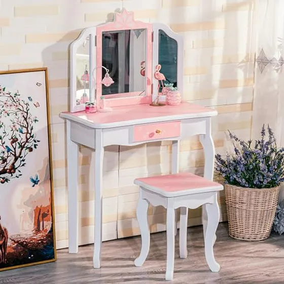 Vanity Set Infantil De Madera Con Espejo Y Taburete Para Niñ