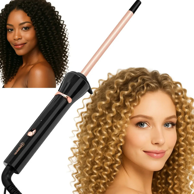 Modelador de cachos profissional Hatteker de 9mm com cabo preto e ponta rose gold, exibido ao lado de duas modelos com cabelos cacheados bem definidos