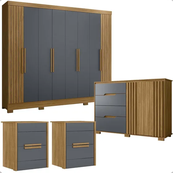 Guarda-roupa Casal 8 Portas Com Cômoda E Mesas Mdp