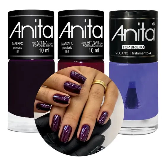 Kit C/ 3 Esmaltes Anita - Uvas - Malbec, Marsala, Top Brilho