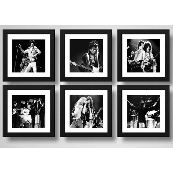 Set 6 Cuadros Rock Bandas Musica Blanco Y Negro Decoración