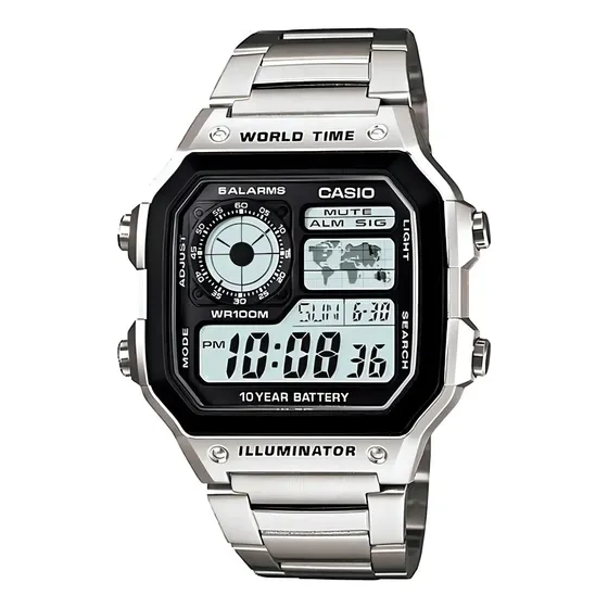Reloj pulsera digital Casio Ae1200wh con correa de acero inoxidable color plateado - fondo gris - bisel negro | Cuotas sin interés