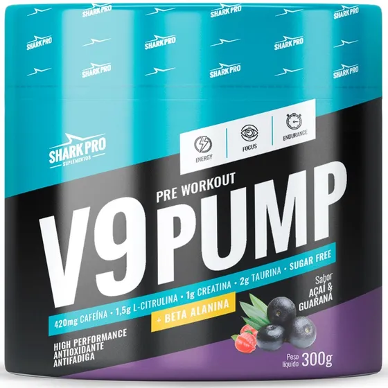 V9 Pump Shark Pro 300g Pré Treino Beta Alanina Açaí Guaraná Sabor Açaí e Guaraná