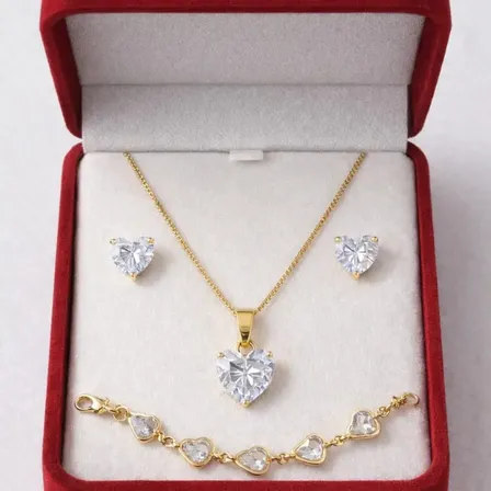 Colar Pingente Coração Brilhante Banhado Ouro 18k + Brincos Dourado