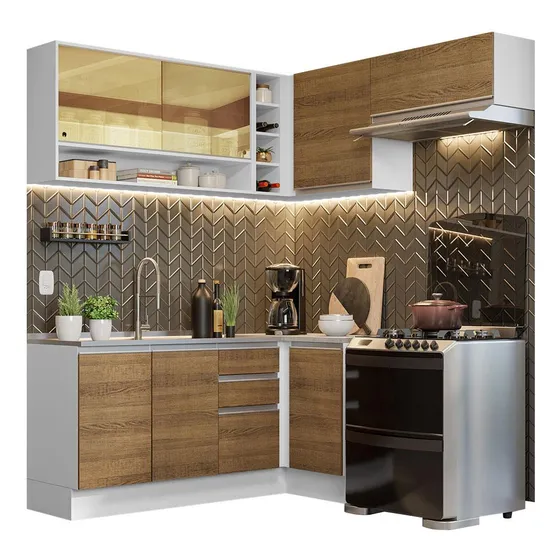 Mueble de Cocina Integral de Esquina Madesa Glamy 349cm Blanco Marrón 06