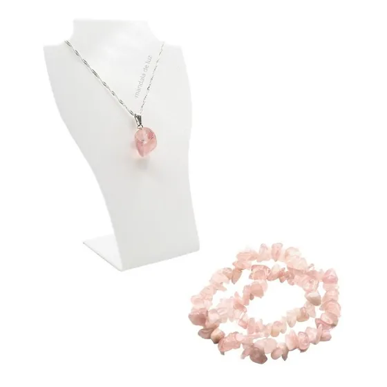 Kit 2 Pulseiras De Cascalho / Colar Folheado De Quartzo Rosa