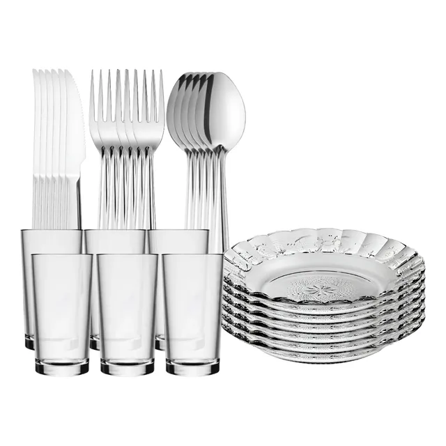 Aparelho De Jantar 30 Peças - Pratos + Copos + Talheres Inox