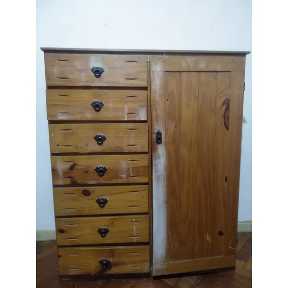 Ropero Chifonier Comoda Pino 1 Puerta 7 Cajones Usado Marrón Oscuro
