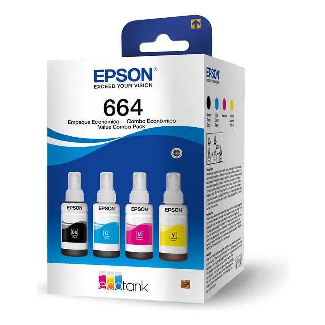Kit Epson 4 Botellas T664 Color Negro Cian Magenta Amarillo