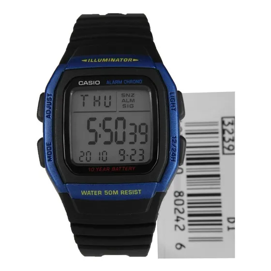 Reloj Casio para hombre, modelo W-96H-2avdf, color de correa negro/azul, color de bisel negro, color de bisel azul, color de fondo gris