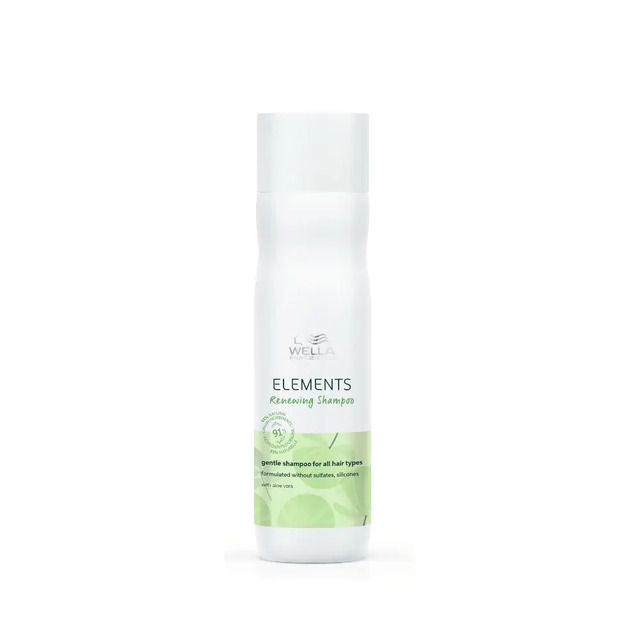 Frasco branco do shampoo Wella Professionals Elements Renewing de 250ml com rótulo contendo informações sobre a fórmula natural e aloe vera