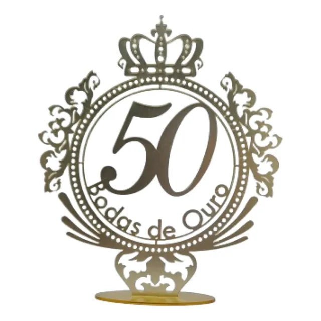Topo De Bolo Bodas De Ouro Com Coroa Acrílico Espelhado