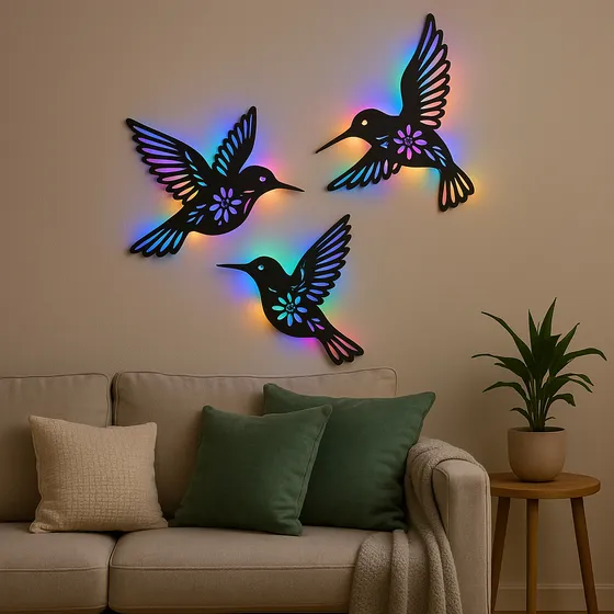 Cuadro Setx3 Colibríes Con Luces Multicolor Calado En Madera