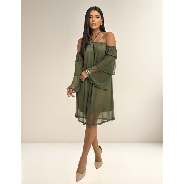 Vestido Tule Estilo Boho Ciganinha Com Forro 3 Camadas Vestido Tule Estilo Boho Ciganinha Com Forro 3 Camadas